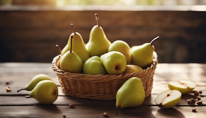 freshly picked pears in a basket on a wooden table, copy space for text
