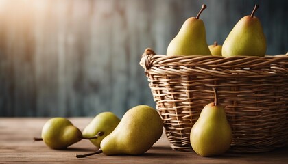 freshly picked pears in a basket on a wooden table, copy space for text
