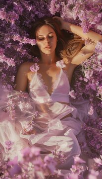 Portrait of beautiful young woman in pink dress lying among violet flowers. AI.