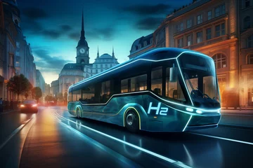 Foto op Canvas Futuristic hydrogen fuel cell bus on city street. A vision of sustainable urban transportation powered by clean energy © scharfsinn86