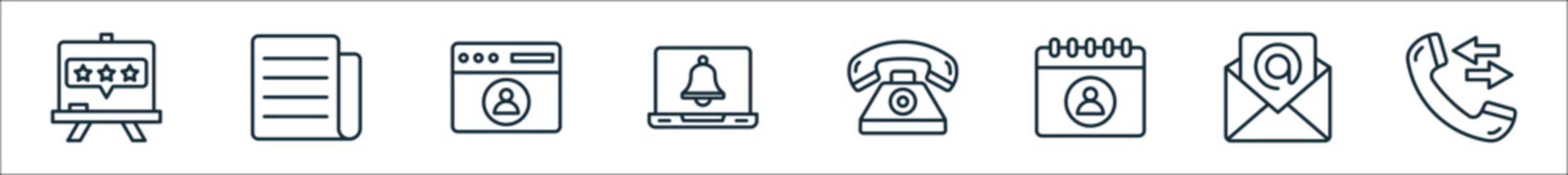 outline set of contact us line icons. linear vector icons such as rating, document, user, notification bell, telephone, user, mail, phone message