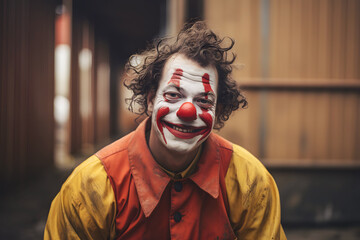 Portrait of makeup adult clown actor with red nose and sad smile. Circus professional worker posing for photo at street