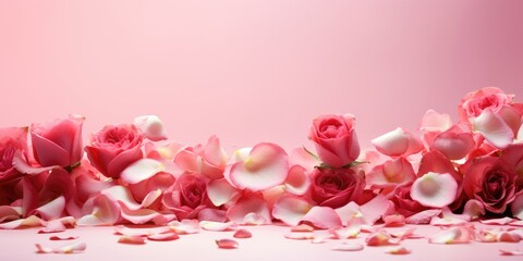 Beautiful roses on a pink background, shot for a postcard or poster. Generative AI