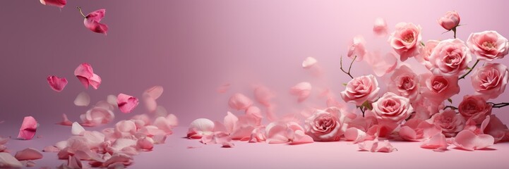 Beautiful roses on a pink background, shot for a postcard or poster. Generative AI