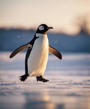 penguen running on ice to the camera, warm light
