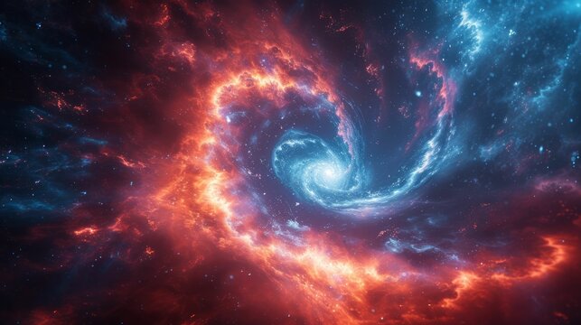 Swirls of electric blue and red energy colliding in an abstract cosmic scene