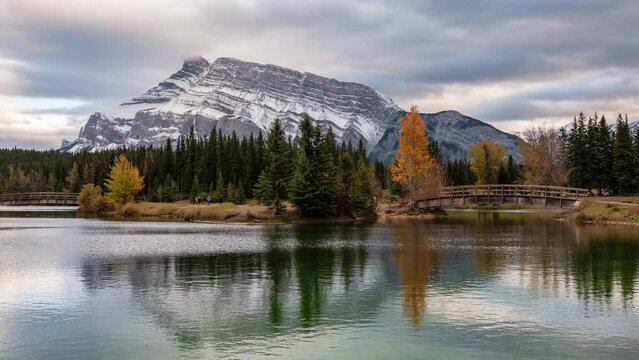 Scenery of Cascade Ponds with mount Rundle in autumn park at Banff national park