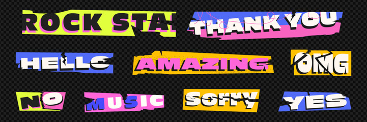 A collection of colorful words cut from newspapers, magazines, and paper. Trendy elements for collage and clip art. Vector cutouts isolated on black checkered background.