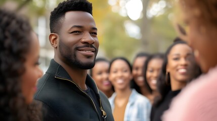 Handsome black man stands surrounded by female admirers - obrazy, fototapety, plakaty