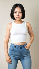 Fototapeta na wymiar photo of beautiful young asian woman with crop white top and jeans standing at white backdrop, generative AI