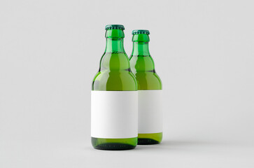 Green steinie beer bottle mockup with blank label.