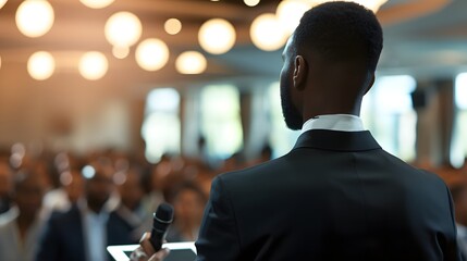 Black male speaker at a business conference presents his ideas