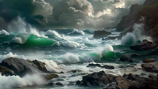 A stormy sea crashing against a rocky shore, the wind howling in harmony with the banshees mournful wails as she hovers above the turbulent waters, her cries a dire warning Fantasy animation