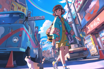 Obraz premium A girl walking on the streets of Harajuku, listening to music with stylish headphones 80s anime rainbow retro fashion 