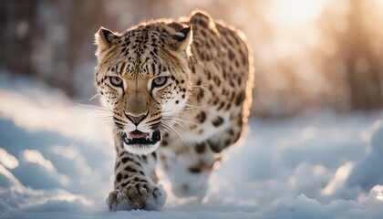 Obraz premium snow leopard running on ice to the camera, warm light 