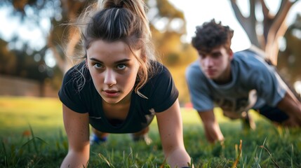 Naklejka premium Attractive young woman doing plank exercises at the gym