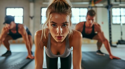 Attractive young woman doing plank exercises at the gym