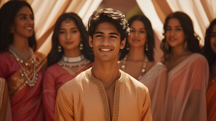 An attractive young Indian male groom ready for his wedding surrounded by admiring women