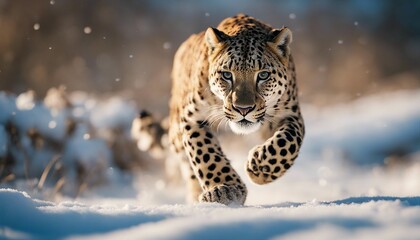 Obraz premium snow leopard running on ice to the camera, warm light 