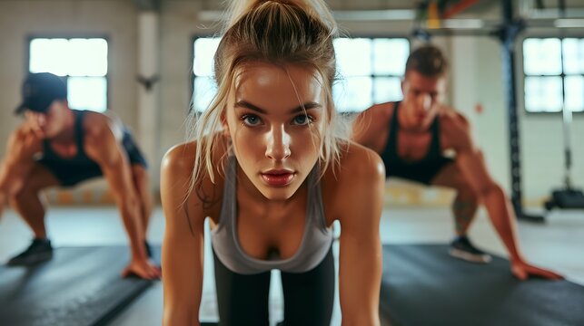 Attractive young woman doing plank exercises at the gym
