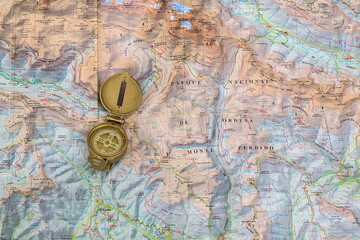 a compass on a map of the Ordesa y Monte Perdido National Park, Huesca