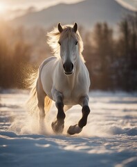 Obraz na płótnie Canvas wild horse running on ice to the camera, warm light 