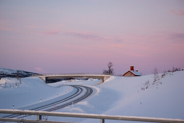 Obraz premium Winter landscape at sunset in Swedish Lapland.