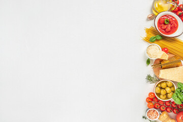 pasta and ingredients for cooking on white background, italian cuisine concept