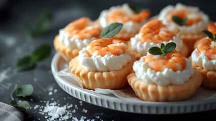 A prawn canape on a white old table, top view, macro, light background