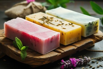 Natural Herbal Soap Bars on Wooden Board