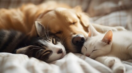 Obraz premium A cat and dog sleeping cosily together. Puppy and kitten sleeping