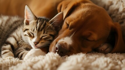 A cat and dog sleeping cosily together. Puppy and kitten sleeping