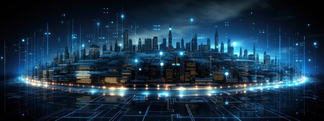 front view of modern city with various houses in blue and orange colors on white background. Cityscape, urban, smart concept. illustration style.  banner