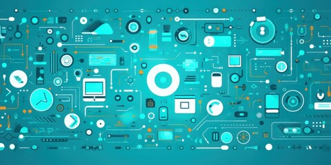turquoise abstract technology background using tech devices and icons - obrazy, fototapety, plakaty