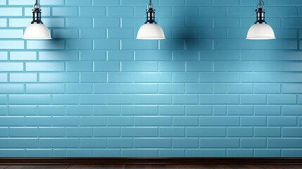 Blue Tiled Wall With Three Lights. copy space . 