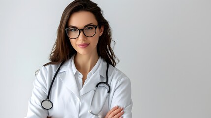 Female doctor with stethoscope and with her arms folded. Copy space