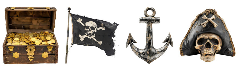 Fototapeta premium Pirate Paraphernalia: Hat-topped Skull, Anchor, Pirate’s Flag, and Treasure Chest, Isolated on Transparent Background, PNG
