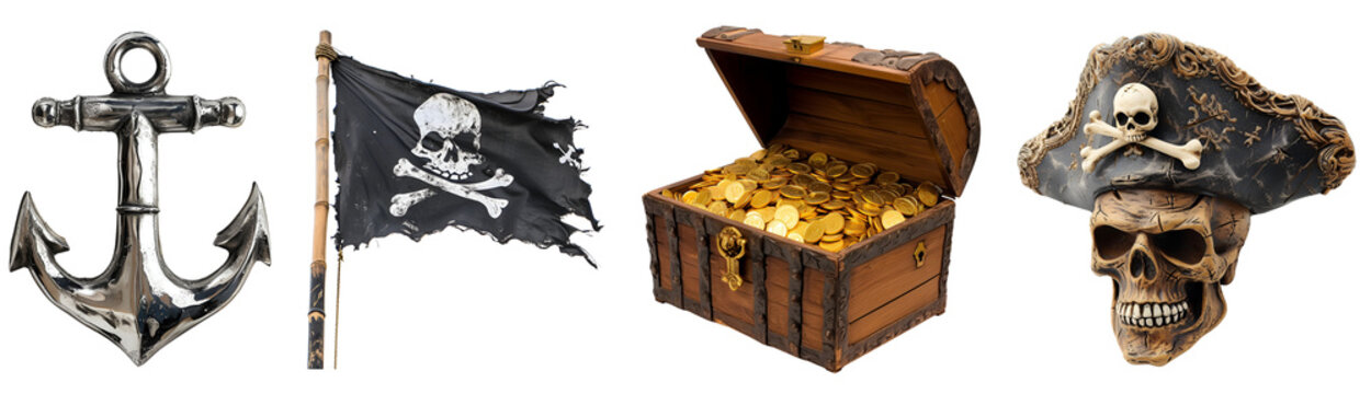 Skull with Hat, Anchor, Pirate Flag, and Treasure Chest: An Array of Pirate Elements, Isolated on Transparent Background, PNG