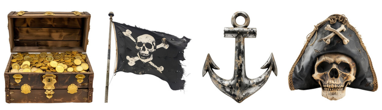 Pirate Paraphernalia: Hat-topped Skull, Anchor, Pirate’s Flag, and Treasure Chest, Isolated on Transparent Background, PNG