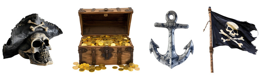 Treasure Chest, Pirate Flag, Anchor, and Skull with Hat: A Set of Pirate Elements, Isolated on Transparent Background, PNG
