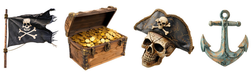 Pirate Elements Set: Hat-wearing Skull, Anchor, Pirate Flag, and Treasure Chest, Isolated on Transparent Background, PNG