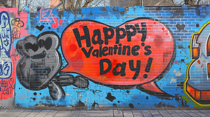 Vibrant street art celebrating Valentine's Day with a bold red heart and cheerful text on a blue graffiti-covered wall.