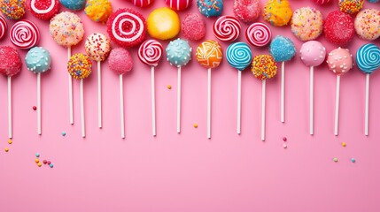 Colorful candies on pink background. Top view with copy space