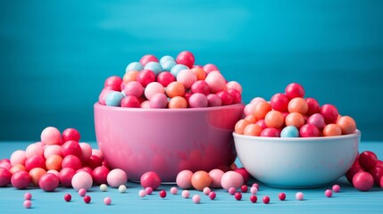 Colorful candies in bowl on blue background. Toned.
