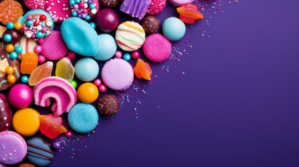 Colorful candies on purple background. Top view with copy space