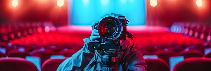 Cinematographer preparing to shoot in a vibrant, lit movie auditorium.