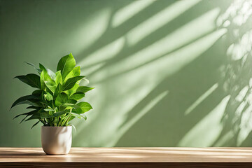 fresh plant in pot and copy space on green background wall