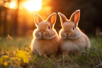 two cute American Fuzzy Lop rabbit, funny bunny on the grass.