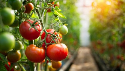 Tomatoes growing in a greenhouse. Organic agriculture. Eco green business - obrazy, fototapety, plakaty