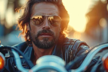 Foto op Aluminium Portrait of a male biker, strength freedom, and individuality on the open road, adventurous spirit and the rebellious allure of the motorcycle, masculinity in motion. © Ruslan Batiuk